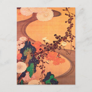 Chrysanthemums by a stream with rocks (1760) postcard