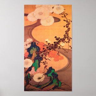 Chrysanthemums by a stream with rocks (1760) poster