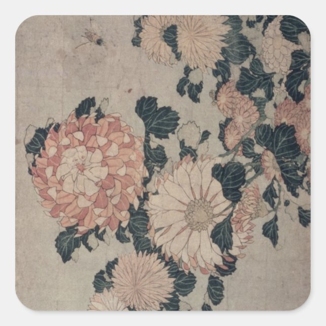 Chrysanthemums (colour woodblock) square sticker (Front)