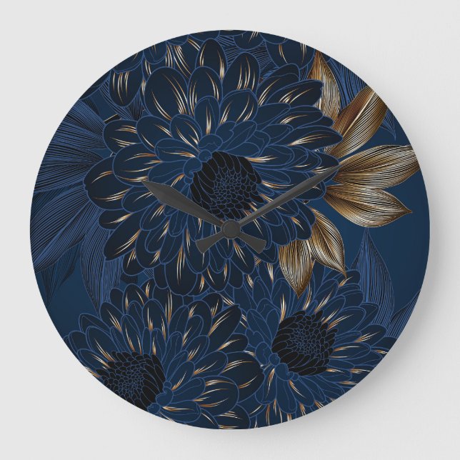 Chrysanthemums hand-drawn, elegant floral pattern. large clock (Front)