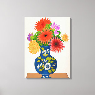 Chrysanthemums in a Blue Chinese Vase Canvas Print
