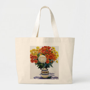 Chrysanthemums in a patterned jug 2005 large tote bag