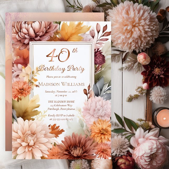 Chrysanthemums Peonies Floral 40th Birthday Party (Elegant Boho Chrysanthemums and Peonies Floral 40th Birthday Party Invitation - Rose Gold Foil)