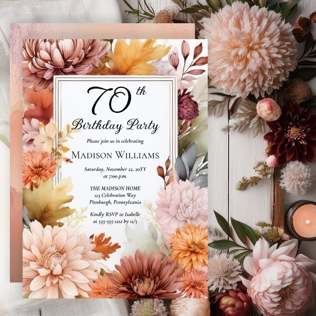 Chrysanthemums Peonies Floral 70th Birthday Party Invitation (Elegant Boho Chrysanthemums and Peonies Floral 70th Birthday Party Invitation - Print | Digital)