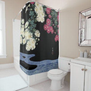 Chrysanthemums,Running Water ,Japanese Floral Shower Curtain