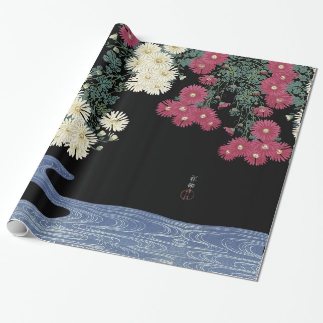 Chrysanthemums,Running Water ,Japanese Floral Wrapping Paper (Unrolled)