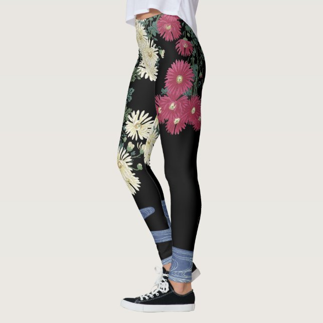 Chrysanthemums,Running Water,Zen Japanese Floral Leggings (Left)