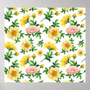 Chrysanthemums Watercolor: Seamless Floral Design Poster