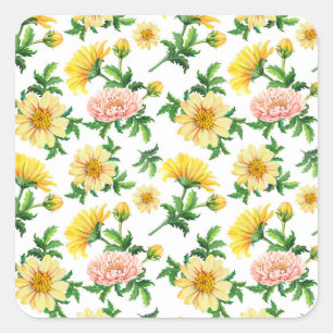 Chrysanthemums Watercolor: Seamless Floral Design Square Sticker