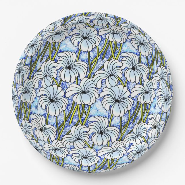 Chrysanthemums - White, Blue, Green Paper Plate (Front)