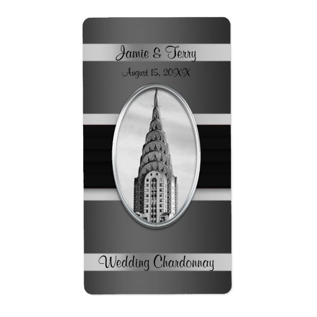 Chrysler Building Party Wine Label Black Silver BW (Front)