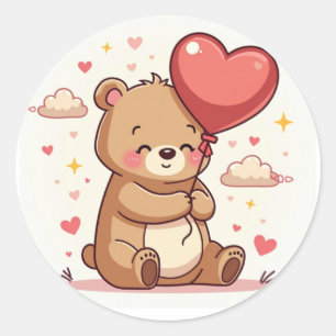 Chubby Bear Hugging Heart Balloon Classic Round Sticker