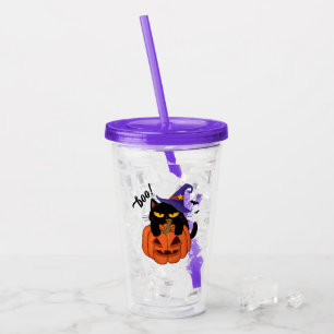 Chubby black cat in witch hat Halloween Acrylic Tumbler