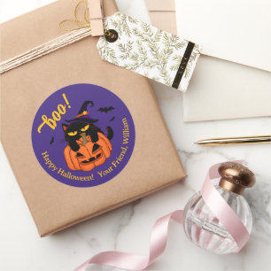 Chubby black cat in witch hat Halloween boo Classic Round Sticker