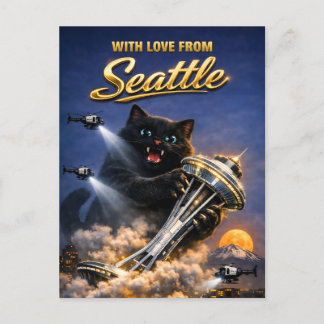 Chubby Black Cat Love From Seattle Space Needle Postcard