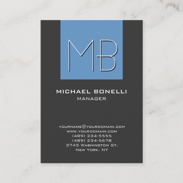 Chubby blue grey chic monogram business card (Front)