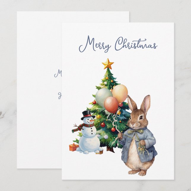 Chubby Bunny Rabbit Christmas tree Holiday Card (Front/Back)