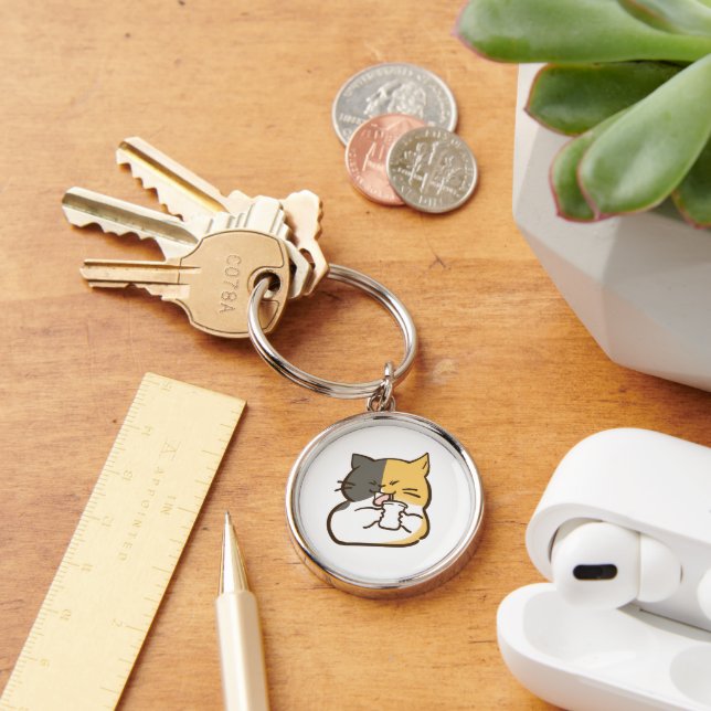 Chubby Calico Cat - Kawaii Sticker Key Ring (Desk)