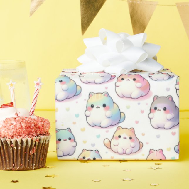 Chubby Cartoon Cat Collection With Hearts Wrapping Paper (Birthday Party)