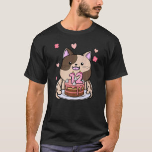 Chubby Cat Holding A Birthday Cake 12th Year Bday T-Shirt