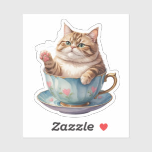 Chubby Cat in a Teacup Sticker   Cute Floating Hea