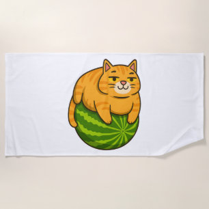 Chubby Cat on Watermelon Meme Shirt Beach Towel