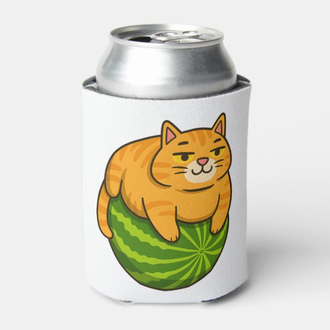 Chubby Cat on Watermelon Meme Shirt Can Cooler (Can Front)