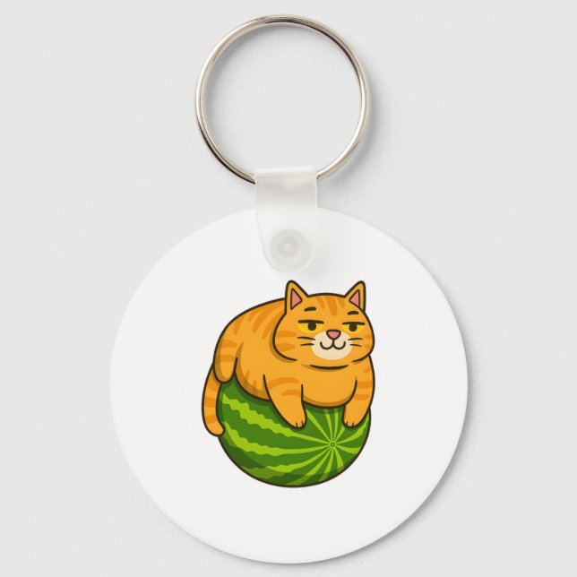 Chubby Cat on Watermelon Meme Shirt Key Ring (Front)