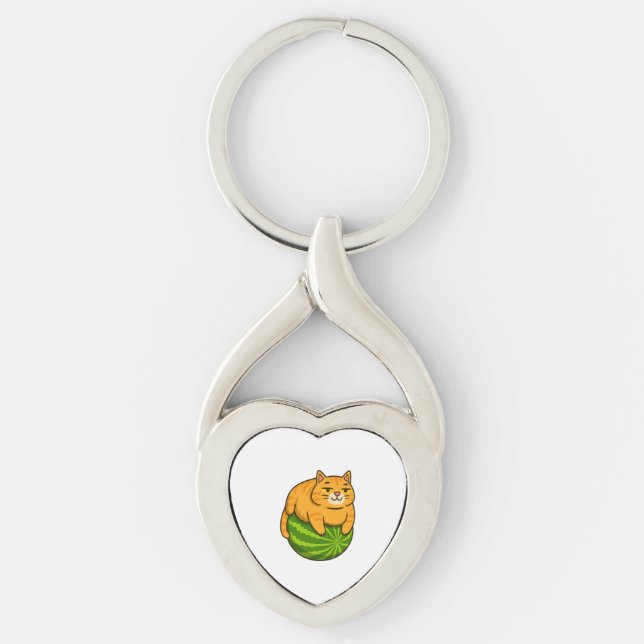 Chubby Cat on Watermelon Meme Shirt Key Ring (Front)