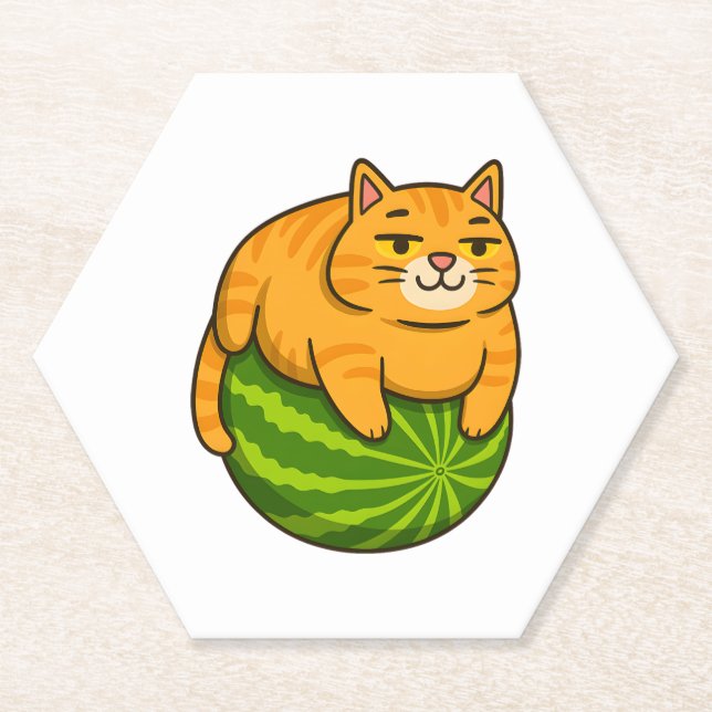 Chubby Cat on Watermelon Meme Shirt Paper Coaster (Front)