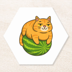 Chubby Cat on Watermelon Meme Shirt Paper Coaster