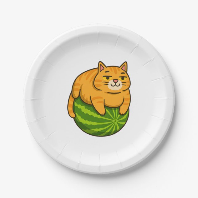 Chubby Cat on Watermelon Meme Shirt Paper Plate (Front)