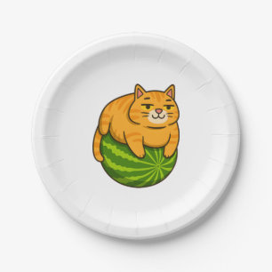 Chubby Cat on Watermelon Meme Shirt Paper Plate
