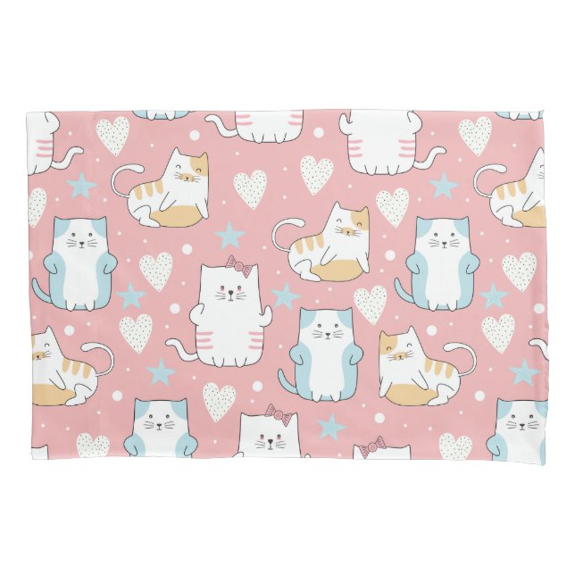 chubby cats in pastel blue, white, and pink pillowcase (Front)