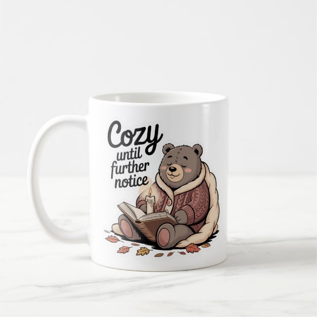 Chubby Cosy Bear Reading Autumn Candle Coffee Mug (Left)