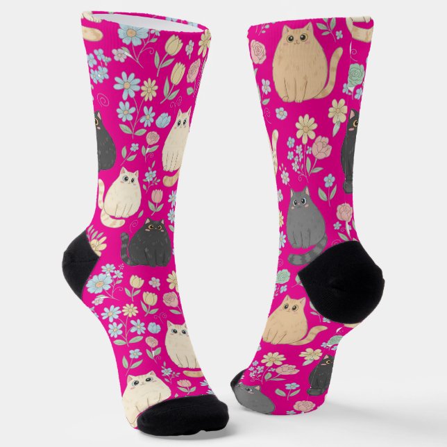 Chubby Cute Cats and Pastel Flowers Pattern Socks (Angled)