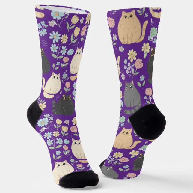 Chubby Cute Cats and Pastel Flowers Pattern Socks (Angled)