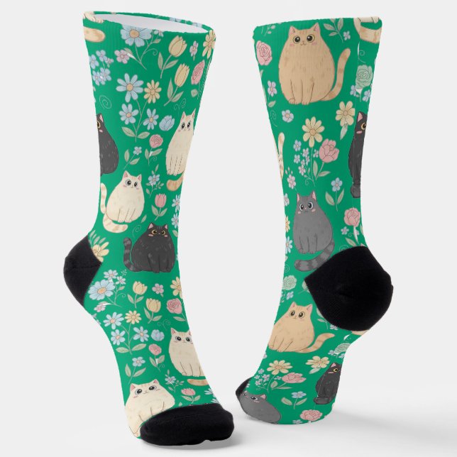 Chubby Cute Cats and Pastel Flowers Pattern Socks (Angled)