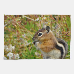 Chubby cute chipmunk on  on wood stump tea towel