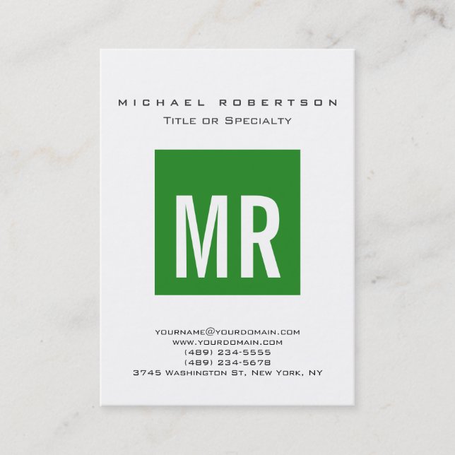 Chubby Forest Green Monogram White Business Card (Front)