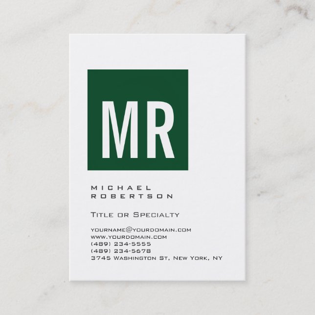 Chubby Forest Green Monogram White Business Card (Front)