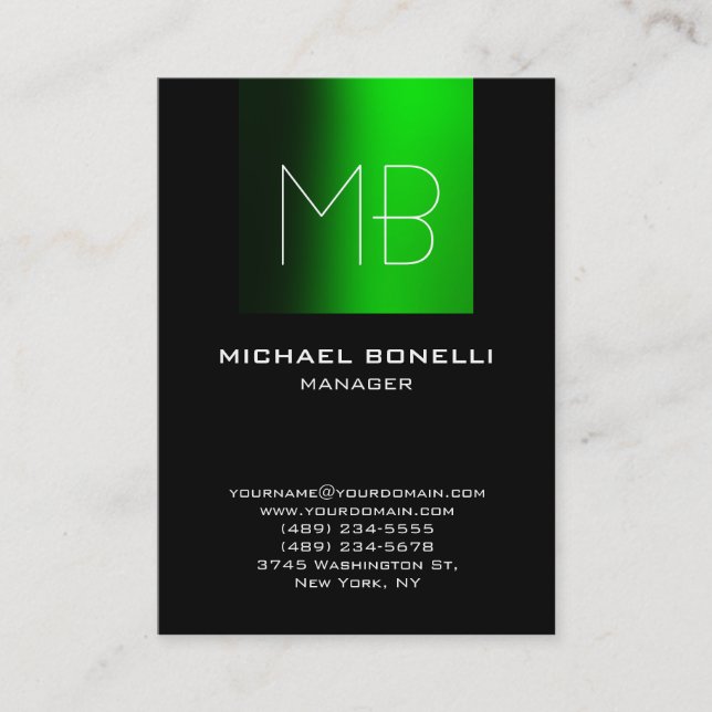 Chubby green black unique monogram business card (Front)
