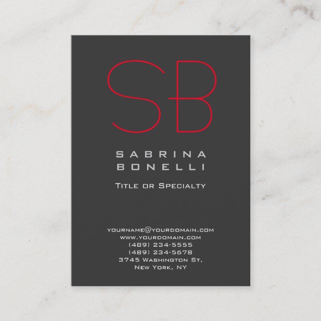 Chubby Grey Red Monogram Business Card (Front)