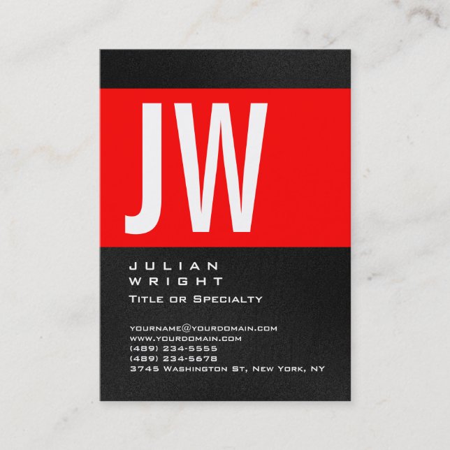 Chubby Huge Red Striped Monogram Grey Business Card (Front)