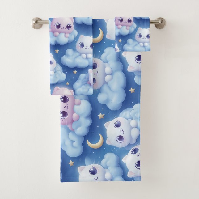 "Chubby Kawaii Cats and Clouds 3D Seamless Pattern Bath Towel Set (Insitu)