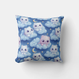 "Chubby Kawaii Cats and Clouds 3D Seamless Pattern Cushion