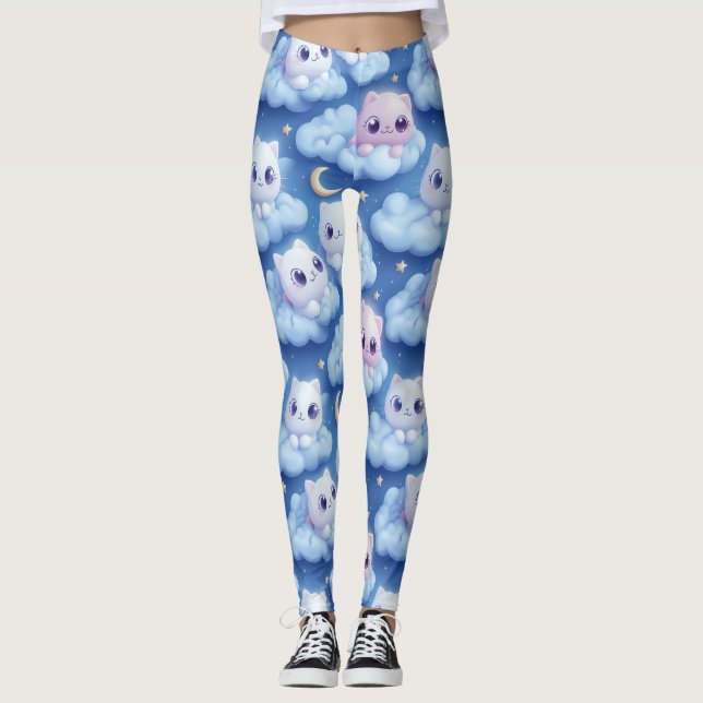 "Chubby Kawaii Cats and Clouds 3D Seamless Pattern Leggings (Front)