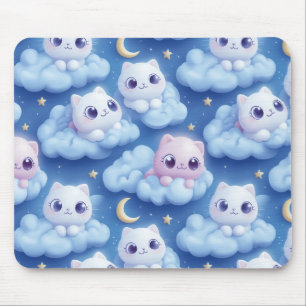 "Chubby Kawaii Cats and Clouds 3D Seamless Pattern Mouse Mat