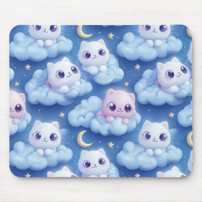"Chubby Kawaii Cats and Clouds 3D Seamless Pattern Mouse Mat (Front)