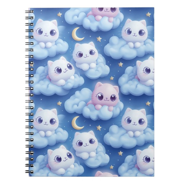 "Chubby Kawaii Cats and Clouds 3D Seamless Pattern Notebook (Front)